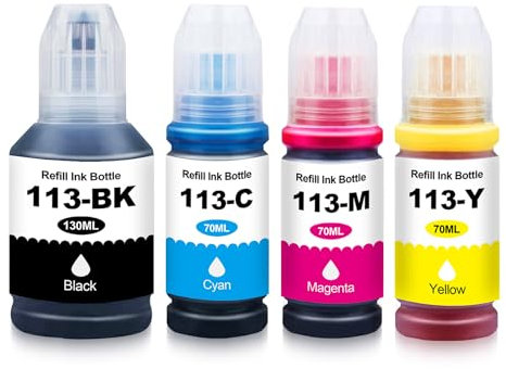 Yongairuink B-T 113 Tinte Kompatibel mit EPS 113 Nachfülltinte für EPS ET-16150 ET-16600 ET-16650 ET-15000 ET-5100 ET-5150 ET-5160 ET-5170 ET-5800 ET-5850 ET-5880 (1BK 1C 1M 1Y)