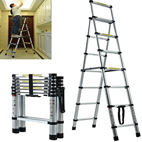 6+7 Steps Ladder, Telescoping Ladder Folding Step Ladder, Aluminum Lightweight Portable Collapsible Ladder, 330 LBS Capacity Multi-Use Ladders for Home&Kitchen(2+2.3m)