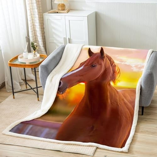 Homemissing Couverture Imprimé Cheval Couverture en Flanelle Cheval Au Galop Parure De Lit pour Enfants Garçons Filles 100x130cm Animaux De La Ferme Sherpa
