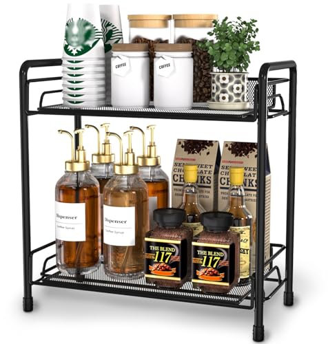 BOKIOVIN Coffee Station Organizer Cabinet, Coffee Bar Accessories Organizer for Kitchen Countertop Shelf 2 Tier(Black)