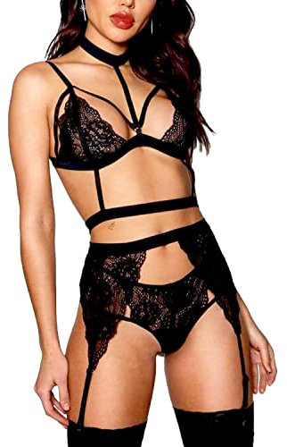 Najiny Set Lingerie Sexy Reggiseni con Giarrettiero Perizoma e Reggicalze con Girocollo Brasier in Pizzo e Mutandine Babydoll con giarrettiere 3 Pezzi Reggiseno Pizzo Floreale Giarrettiera (Nero, S-M)