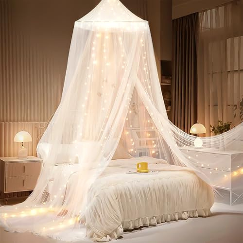 YEERSWAG Bed Canopy with Lights, Bed Canopy for Girls Princess with Luminous Stars, Canopy Bed Curtains for Twin Size Bed, Baby Kids Adult Indoor Decor Bedroom Reading Nook Outdoor Camping, White