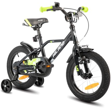 HILAND 14 Zoll Kinderfahrrad für Jungen 3 4 5 Jahre mit Stützrädern, Handbremse und Rücktrittbremse Schwarz/Grün