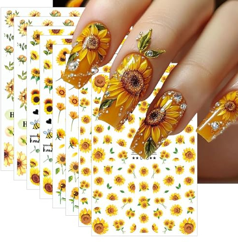 8Sheet Spring Summer Sunflower Nail Art Stickers Yellow Floral Nail Stickers 3D Self-Adhesive Letter Nail Decal, Yellow Flower Butterfly Bee Nail Designs for Women Manicure Decoration Nail Supplies