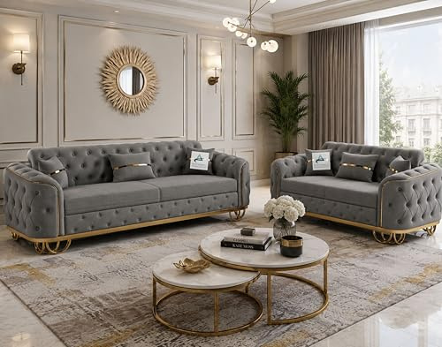 Statement Home Decor Dark Grey Plush Velvet Sofa, 2 Seater+3 Seater Sofa, 5 Seater Couch Living Room Sofas, Free Assembly & Delivery (DARK GREY)