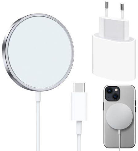 Cargador de Inducción Rápido Compatible con MagSafe, Magnético Cargador Inalámbrico con Adaptador de Corriente 20 W Tipo USB-C Compatible con iPhone 15 Pro/15 Plus/15/14 Pro /14/13