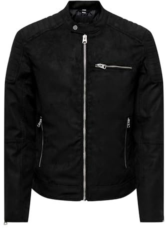 ONLY & SONS Faux Suede Racer Jacket Onsgus Otw Noos-Giacca in Finta Pelle Scamosciata, Nero, XS Uomo