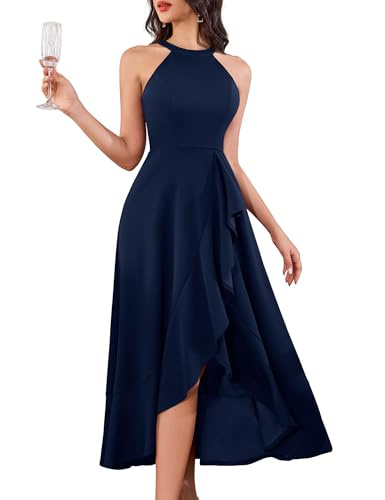 Aupuls Neckholder aftonklänning dam lång för bröllopsgäst elegant hi-Lo festliga klänningar med vokuhila för bal cocktail, Marinblå, S