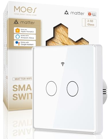MOES 2.5D Matter Wlan Smart Lichtschalter Kompatibel mit Apple Home/Alexa/Google Home/Smart Things, 2 Fach Wifi Touch Schalter Unterputz mit Speicher nach dem Ausschalten,Erfordert Neutralleiter