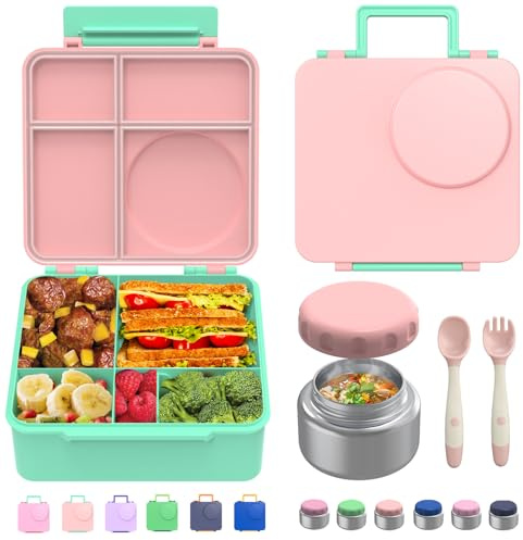 JoyYum Bento Box for Kids - Leak-Proof Bento Lunch Box with Insulated Thermos Food Jar - 4 Compartments, 1 Removable Divider, 1Spoon, 1 Fork - Dishwasher Safe, BPA-Free (Light pink)