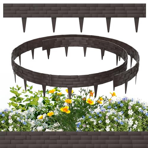 HENGMEI Bordo per aiuole in plastica, 10 m, bordo per aiuole in pietra artificiale, 10 pezzi, per palizzate, per recinzioni da giardino, marrone