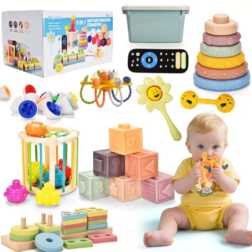 Baby Toys 6 to12 Months 9 in-1 Montessori Teething Trendy Toys Sorting Sensory Educational Learning Gift for Toddlers Aged 1-3,with Pull String Toy Stacking Baby Blocks& Remote & Soft Infant Ring