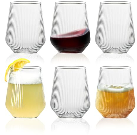 Ausune 6 Pack 460ml Ribbed Wine Glasses, Juice Cocktail Glasses Drinking Glassware Origami Style Fluted Ripple Beverage Tumblers Set, 15.55oz Vintage Stemless Cups for Home, Restaurant, Events & Part