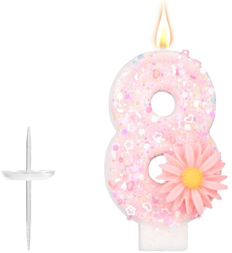 Rosa Siffror Födelsedagsljus, 7,2cm Glitter Daisyblomma Glittrande Sifferljus Tårtdekoration Dekoration Perfekt för Flickors Födelsedag Fest Babyshower och Årsdag Presenter (8)