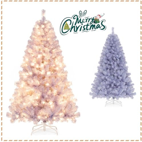 GYMAX Sapin de Noël Artificiel 180cm Violet Lumineux LED avec 250 Lumières Blanc Chaud, 8 Modes d'Éclairage, 688 Branches à à Sequins, Décoration de Fête pour Domicile, Bureau