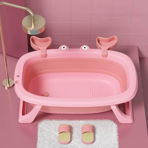 Bañera plegable para bebés, gran revestimiento antideslizante, bañera de plástico para niños, bañera para niños pequeños que ahorra espacio para viajes o uso en el baño de niños (rosa coralino)