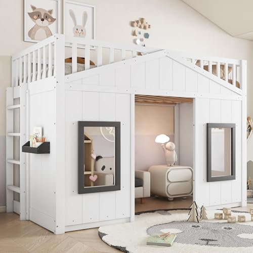 Cama cabaña infantil de 90 x 200 con escalera, cama infantil con ventana y almacenamiento bajo la cama modular, litera infantil individual con barrera anticaída y barandilla, estructura de pino y MDF