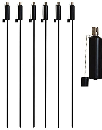 Harbour Housewares Metal Garden Torches - Cylinder - Pack of 6-146cm Black Garden Torches Lighting Modern Outdoor Lighting Paraffin Oil Lamp Candle Flame Lantern for Parties, Outdoor Events, BBQs