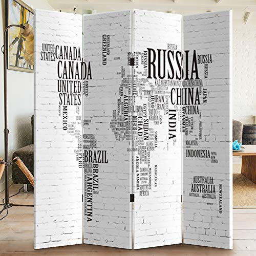 Bakaji Paravento Separè Struttura in Legno Rivestimento in Tela Con Stampa Fronte Retro Mappamondo con Scritte Divisorio Richiudibile Pieghevole (180 x 160 cm 4 Pannelli)