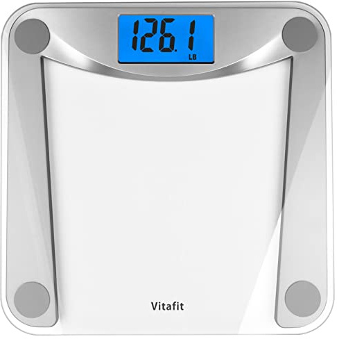 Vitafit Digital Bathroom Weight Scale for Body Weight, High Accuracy Assured by Weighing Professional Since 2001,Extra Large Blue Backlit LCD and Step-On, 400lb/182kg, Clear Glass