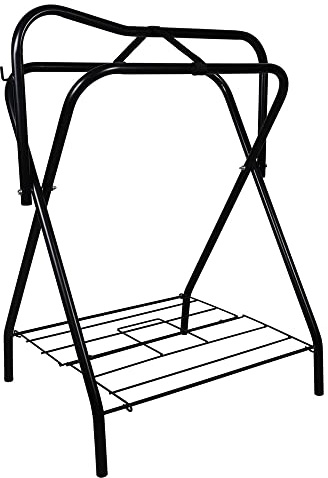 EASY-UP Folding Saddle Stand for Horses | Fits English & Western Saddles | Portable Freestanding Rack with Storage Shelf & Bridle Hook | Heavy-Duty Steel | Folds Flat | Color Black