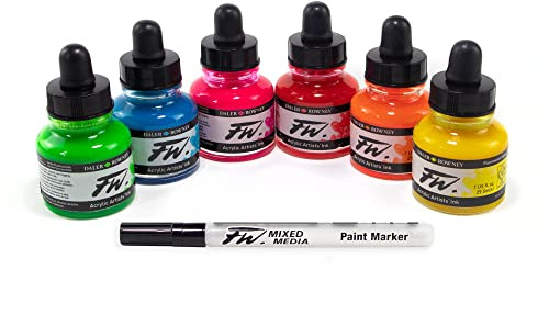 Daler-Rowney FW Neon Ink Set, 6 x 29.5ml Bottles & 1 FW Mixed Media Marker, Acrylic Based Ink, Assorted Colours, For Professional Artists & Students