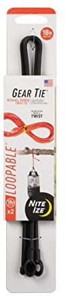Nite Ize GLS18-01-2R3 Gear Tie Loopable, The Original Reusable Rubber Twist Tie With Sturdy Integrated Loop, 18 Inch, Black, 2-Pack, Made in the USA
