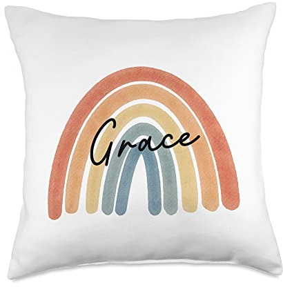 New Born Baby Grace Personalized Gift Rainbow Nursery Throw Pillow