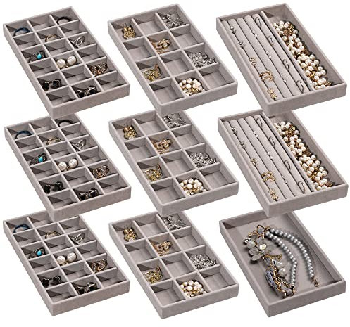 Frebeauty Vassoio organizer per gioielli, impilabile, in velluto, con inserti per cassetti, organizer per orecchini, per donne e ragazze, per gioielli, anelli, collane, set di 9 (grigio)