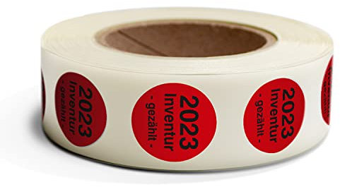 Betriebsausstattung24® Inventuretiketten gezählt  mit Jahreszahl | 500 Stück auf Rolle | Jahreszahl: 2023 | Farbe: Rot | Material: Haftpapier | Inventuraufkleber | Organisationsetiketten