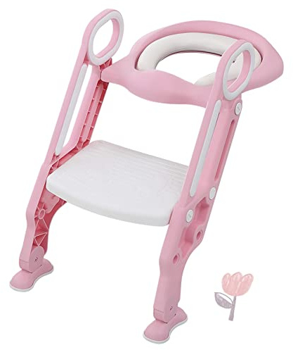 Siège de Toilette pour Enfants Pliable et Hauteur Réglable, Réducteur de Toilette pour Bébé avec Marches Larges et Antidérapantes, Lunette de Toilette Rembourré Confortable