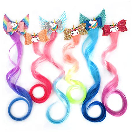 Xuxisowo 6-Colors Unicorn Hair Bows Clips Hair Accessories For Girls Kids Glitter Braided Curly Gradient Color Wig Hair Extensions（6PCS)