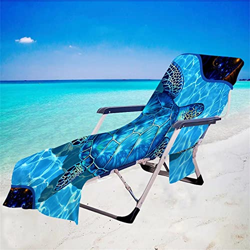 Morbuy Beach Chair Cover Towel, Beach Towel Lounger Bags with Pockets Sunbed Towels Fitted Microfiber Sun Lounger Towels for Summer Outdoor Garden Pool Vacation Travel (75x210cm,ocean blue turtle)