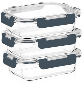 Bewunder Kyoto Mealprep Boîte de conservation avec 3 récipients en verre + 3 couvercles en plastique (gris) | 100% étanche + hygiénique | Passe au lave-vaisselle et au micro-ondes