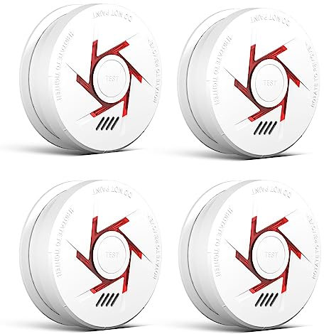 Détecteur de fumée 10 Ans avec Pile remplaçable Détecteur d'incendie DIN EN14604 avec Bouton de Test et Fonction d'autotest Détecteur d'incendie, Jeu de 4 pièces