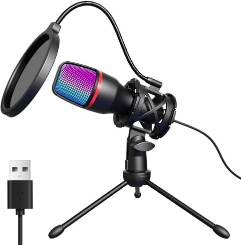 Hoppac USB Mikrofon PC Gaming Mikrofon mit Ständer & Popfilter, Nierencharakteristik Kondensator Microphone für PC PS4 PS5, Tischmikrofon für Streaming, Podcasting, Studio