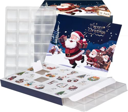 10 Sets Empty Christmas Advent Calendar Box w/ 24-Cavity VAC Trays 2026, Fill Yourself DIY Gift Box Cardboard, Empty Flip Cover Countdown Box to Fill for Xmas Giving Gathering 12x8x1.25
