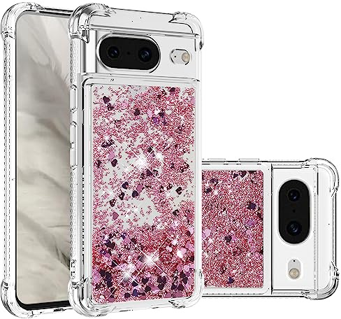 IMIRST telefonfodral kompatibelt med Google Pixel 8 Bling flytande glitter silikonskal stötsäkert Kawaii airbag skyddande fodral för Google Pixel 8. YBW kärlek roséguld