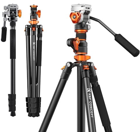 Kamera Stativ,K&F CONCEPT Videostativ Video Tripod mit Fluidkopf,231cm Stativ mit 90° Mittelsäule und Abnehmbarem Einbeinstativ, Aluminium Reisestativ T254A7+FH-03 für DSLR, Camcorder, Kameras