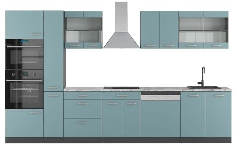 Vicco Küchenzeile R-Line, Blau-Grau/Anthrazit, 350 cm mit Hochschrank, AP Marmor, zur flexiblen Erweiterung durch zusätzliche Module geeignet