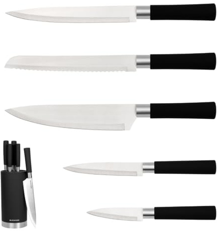 Blackmoor Orb 5 Piece Knife Set with Storage Stand/Stainless Steel Knives with Soft Grip Handles & Brushed Steel or Wood Detail/Easy Clean Essential Kitchen Accessory (Black & Brushed Steel)