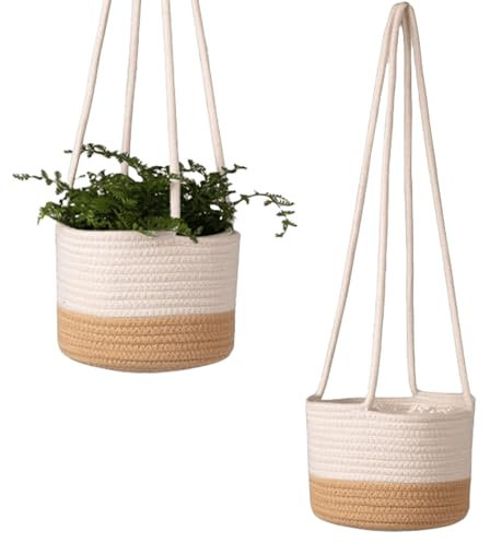 Lot de 2 pots de fleurs suspendus en corde de coton, panier à plantes, en jonc de mer, en coton naturel tissé à la main, avec longue corde suspendue (moyen