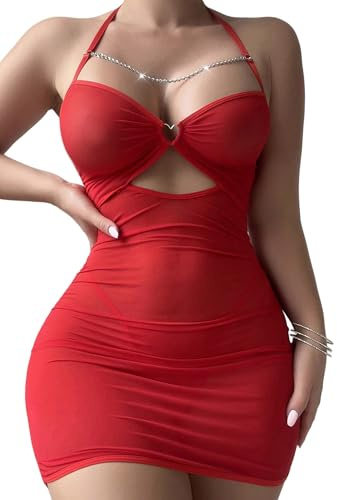 Maeau - Camisones Transparente de Malla Mujer Cuello Halter Ajustado Sexy Vestido Dormir Sin Espalda Lencería Babydoll XL