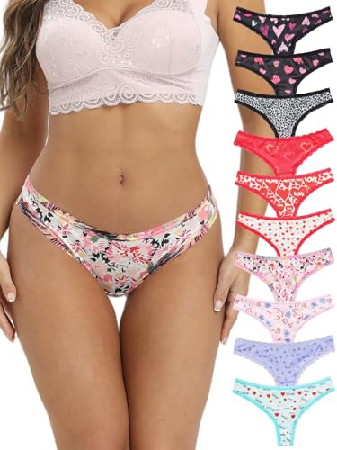 Morvia 10-Pack Women Sexy Coquette Contrast Lace Trims Floral Print Thongs Underwear (US, Alpha, Medium, Regular, Regular, 10 Pack Red & Black)
