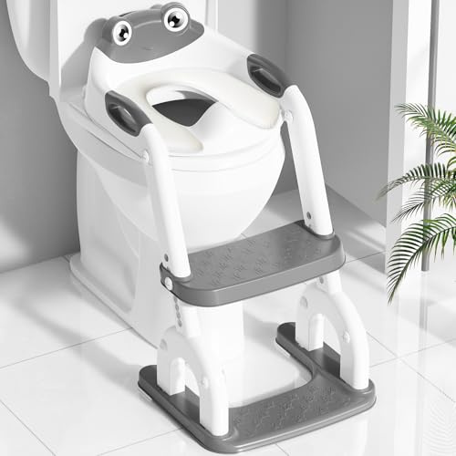 Sedile WC per bambini con scale, regolabile in altezza in 8 posizioni e pedana extra larga, antiscivolo, con vestibilità morbida e paraspruzzi – Sedile WC pieghevole per bambini, motivo rana
