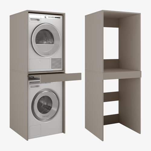 PLATAN ROOM Waschmaschine Trockner Schrank mit Ausziehbrett • Waschmaschinenschrank für Waschmaschine & Wäschetrockner • Überbauschrank 187 x 65 x 66 cm (Lehm Grau)