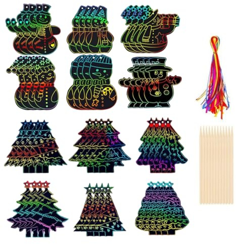 OIXYEY 48 Pezzi Carta Magica da Grattare Natale per Bambini, Kit Artistico con Carta Arcobaleno, Penna di Bambù e Accessori per Lavoretti Creativi, Ideale Regalo Festivo per Decorazioni Domestiche