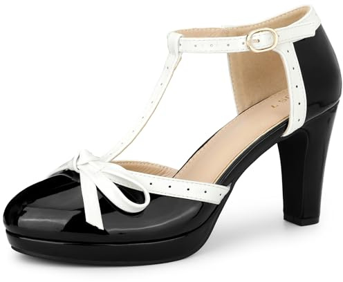 Allegra K Women's Platform Bow Chunky Heels T-Strap Mary Janes Pumps Black