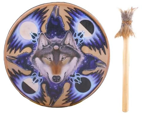 Shaman handtrumma - 23 cm handgjorda instrument, konstverk med varghuvuddesign | 25 x 25 x 5 cm. Äkta sibiriskt rytmverktyg för andlig meditation, reflektion