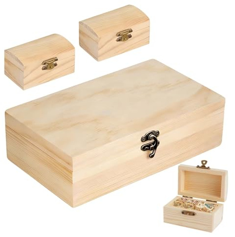 Vrexziy 3Pcs Unfinished Wooden Boxes, Wooden Box with Hinged Lid, DIY Craft Storage Organizer Box Pine Wood Small Wood Crate Boxes for DIY Craft Home Table Decoration